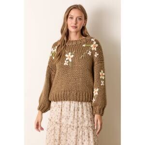 Polagram Taupe Size Small Embroidered Flower Print Knit Sweater